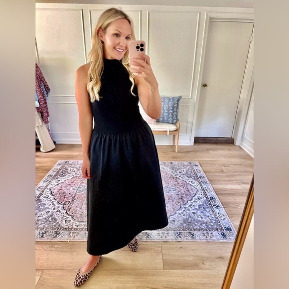 Drop waist contrast black mock neck sleeveless midi dress with side pockets - Picture 5 of 8